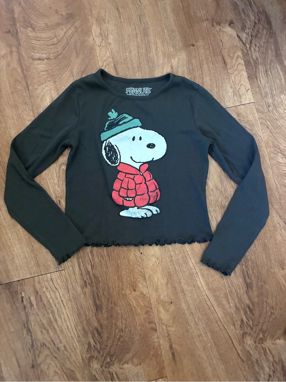 Peanuts Black Long-Sleeve Tee with Snoopy in Red Jacket